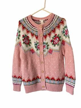 Sundance Cottage Rose Pink Fair Isle Cardigan Sweater size Medium Wool Blend